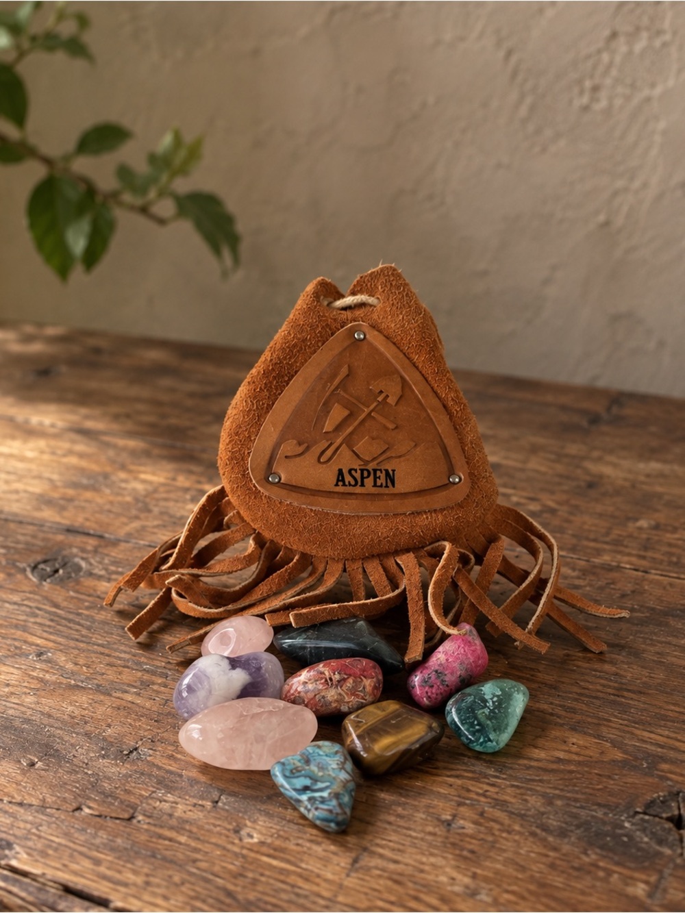 Vintage Aspen Suede Leather Drawstring Gemstone Pouch Bag Fringe Boho